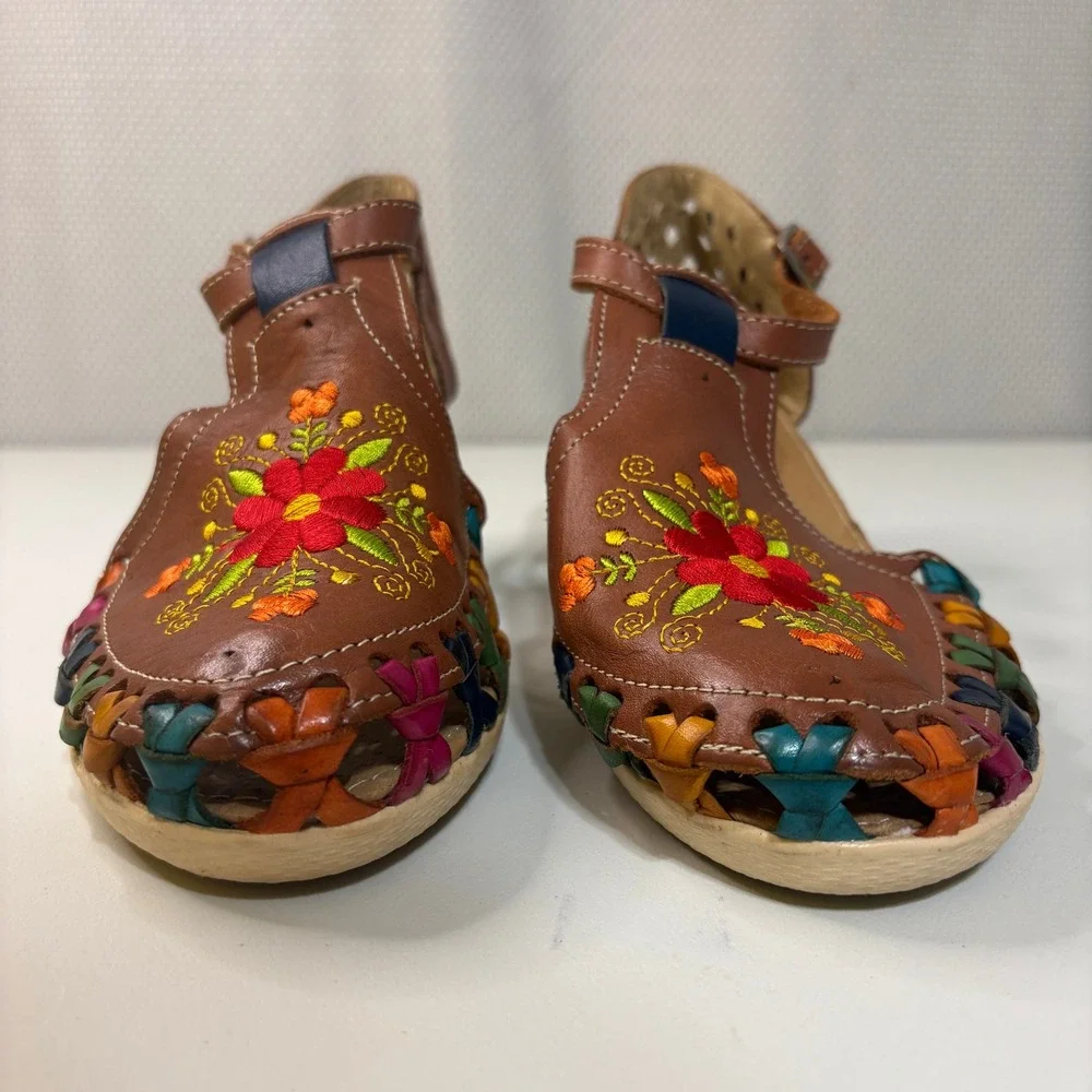 Cacahi's Mexican Huarache Wedge Sandal Sz 9 Tan Floral Strappy Shoe Boho Culture
